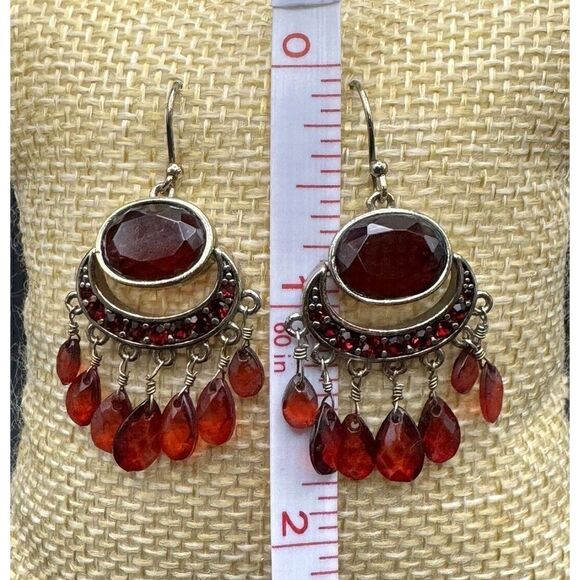 Vintage Monet Silver Tone Red Crystal Rhinestone Chandelier Dangle Drop Earrings - Picture 4 of 6